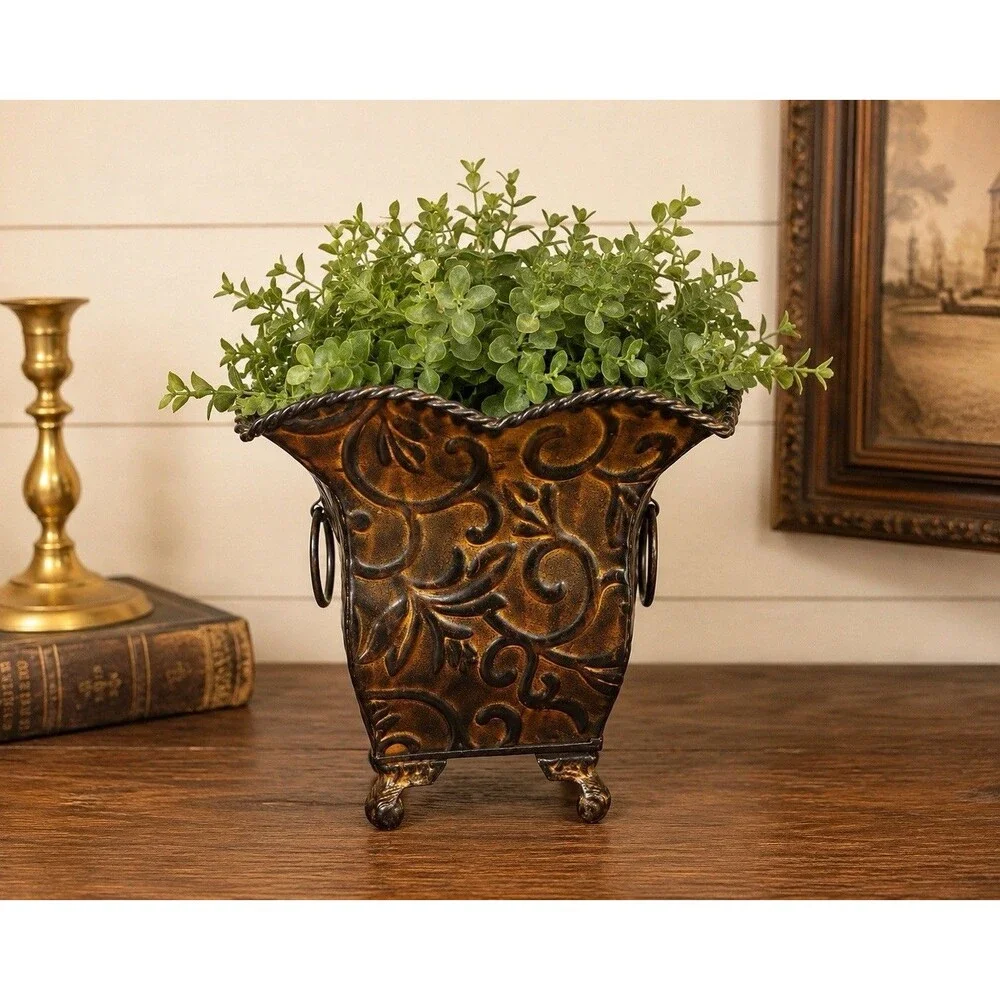 Vintage Embossed Metal Planter Bronze Floral Scroll Footed Cachepot Decor Accent